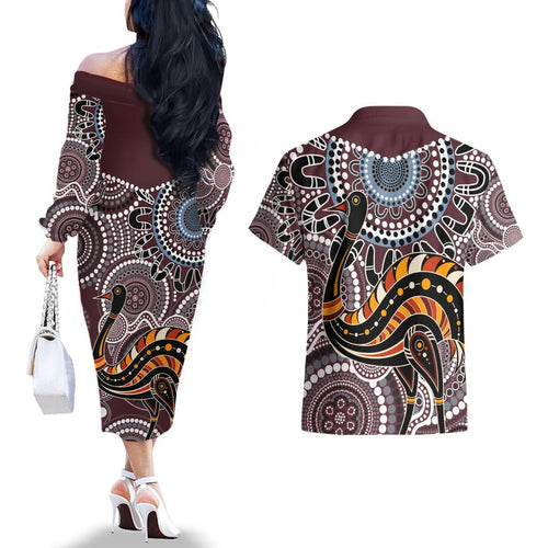 Aboriginal Pattern Bird Couples Matching Off The Shoulder Long Sleeve Dress and Hawaiian Shirt