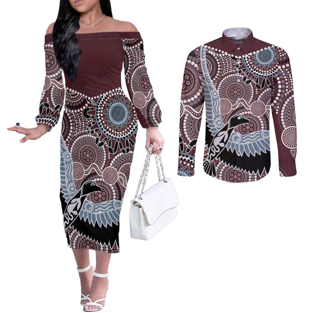 Aboriginal Pattern Bird Couples Matching Off The Shoulder Long Sleeve Dress and Long Sleeve Button Shirt