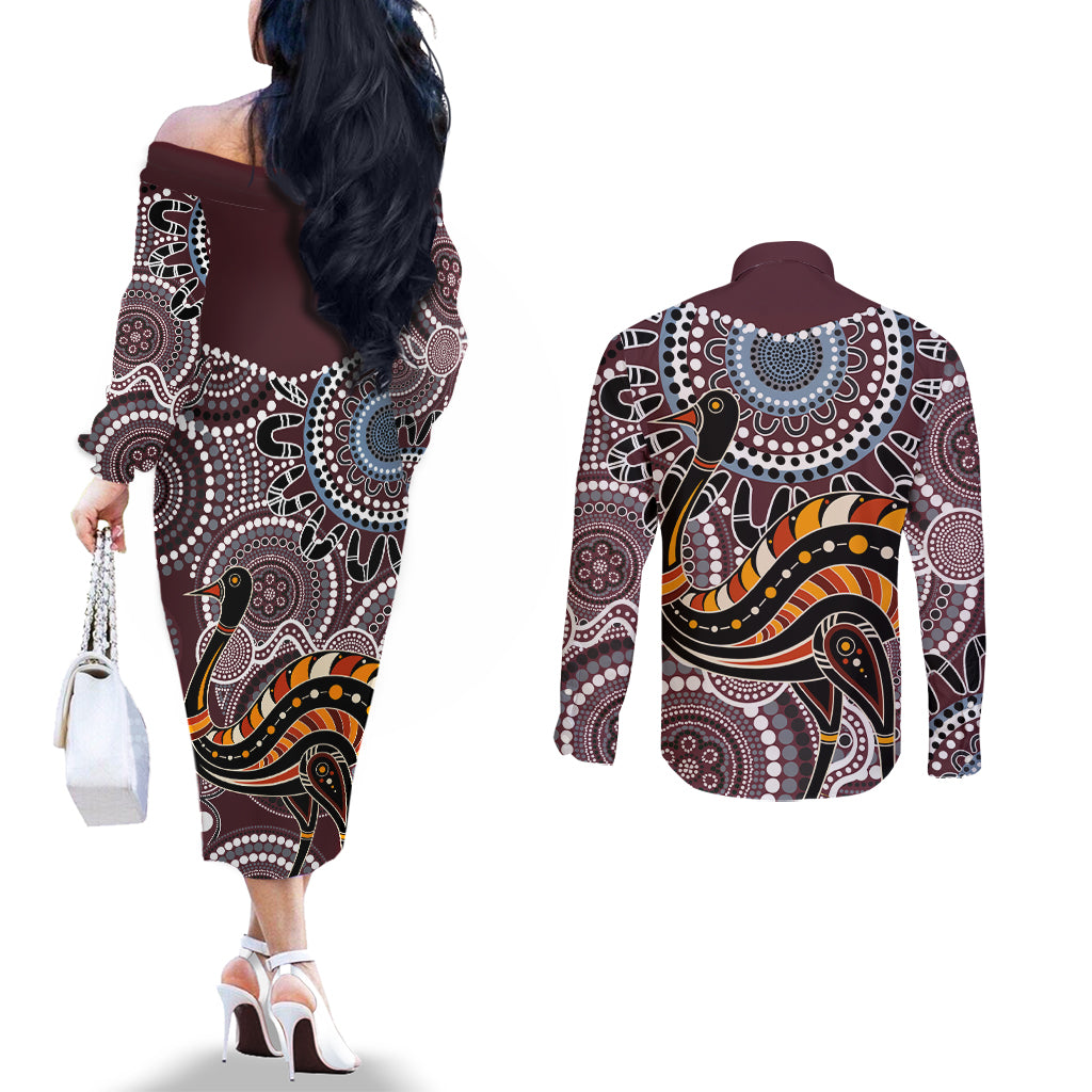 Aboriginal Pattern Bird Couples Matching Off The Shoulder Long Sleeve Dress and Long Sleeve Button Shirt