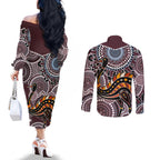 Aboriginal Pattern Bird Couples Matching Off The Shoulder Long Sleeve Dress and Long Sleeve Button Shirt