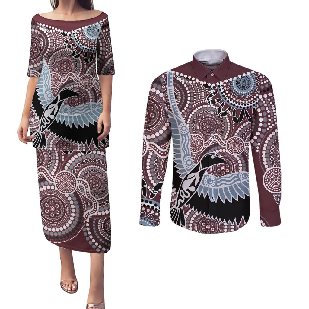 Aboriginal Pattern Bird Couples Matching Puletasi and Long Sleeve Button Shirt