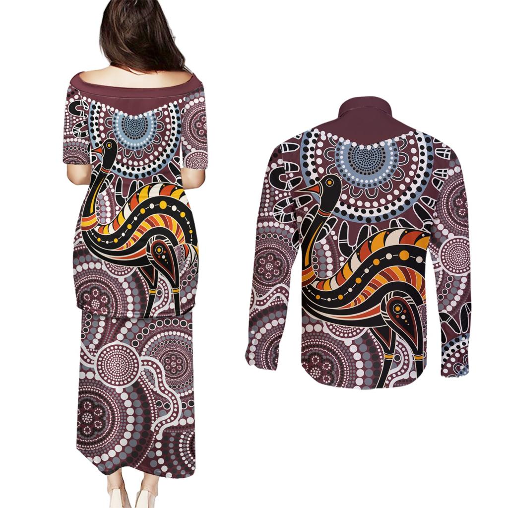 Aboriginal Pattern Bird Couples Matching Puletasi and Long Sleeve Button Shirt