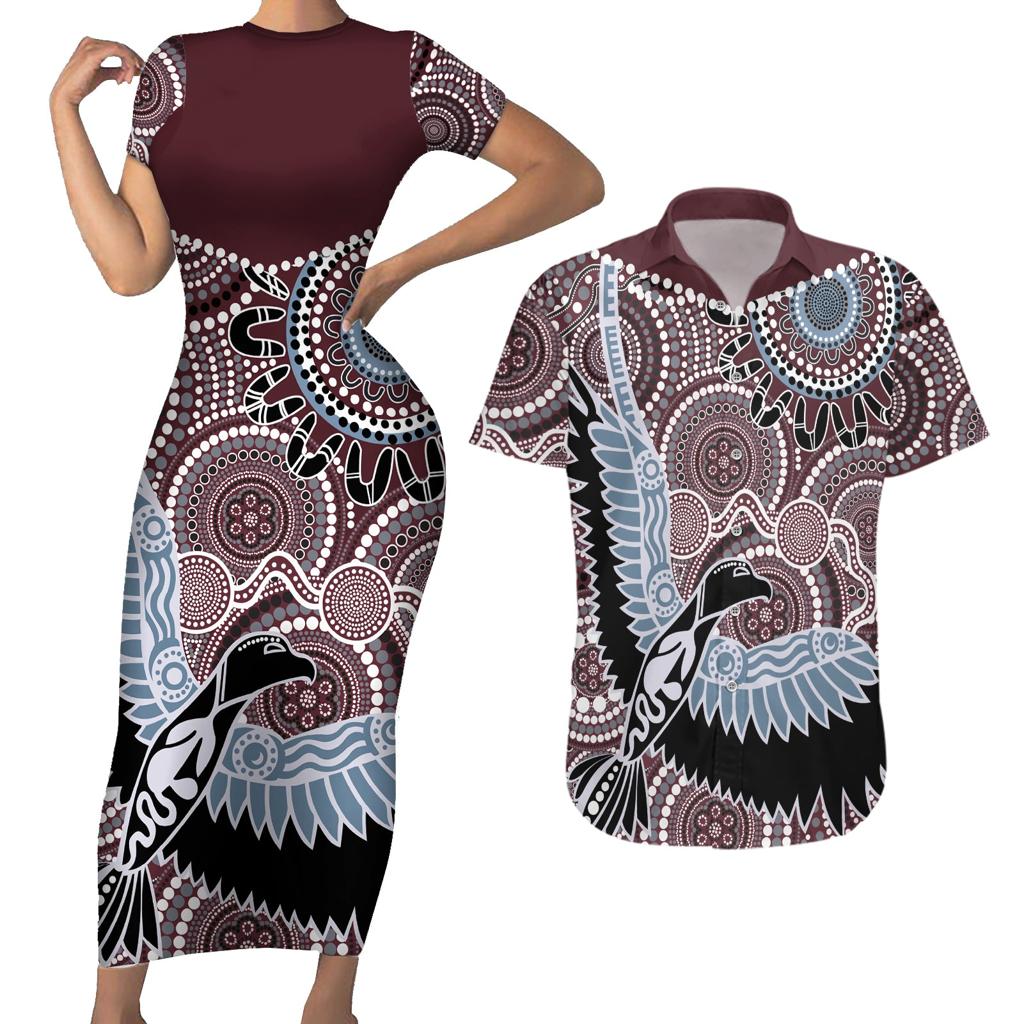 Aboriginal Pattern Bird Couples Matching Short Sleeve Bodycon Dress and Hawaiian Shirt