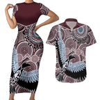 Aboriginal Pattern Bird Couples Matching Short Sleeve Bodycon Dress and Hawaiian Shirt