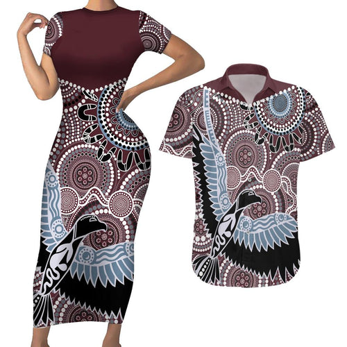 Aboriginal Pattern Bird Couples Matching Short Sleeve Bodycon Dress and Hawaiian Shirt