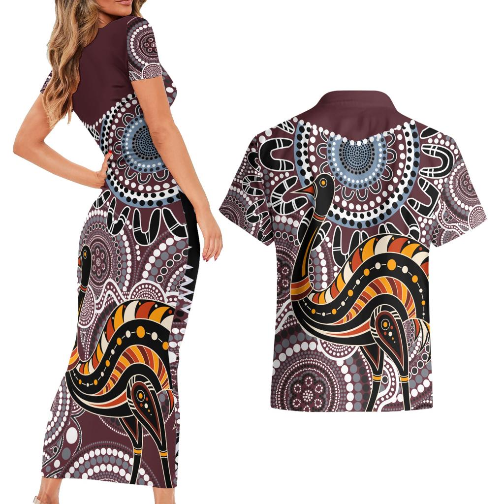 Aboriginal Pattern Bird Couples Matching Short Sleeve Bodycon Dress and Hawaiian Shirt
