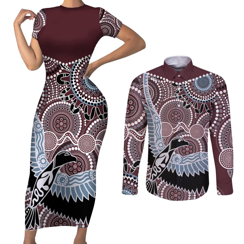 Aboriginal Pattern Bird Couples Matching Short Sleeve Bodycon Dress and Long Sleeve Button Shirt