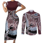 Aboriginal Pattern Bird Couples Matching Short Sleeve Bodycon Dress and Long Sleeve Button Shirt