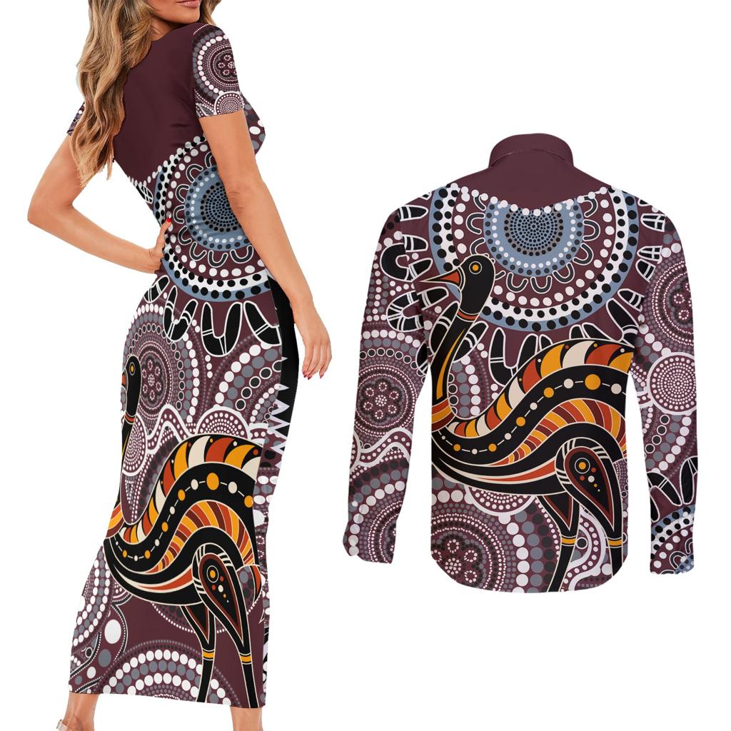 Aboriginal Pattern Bird Couples Matching Short Sleeve Bodycon Dress and Long Sleeve Button Shirt