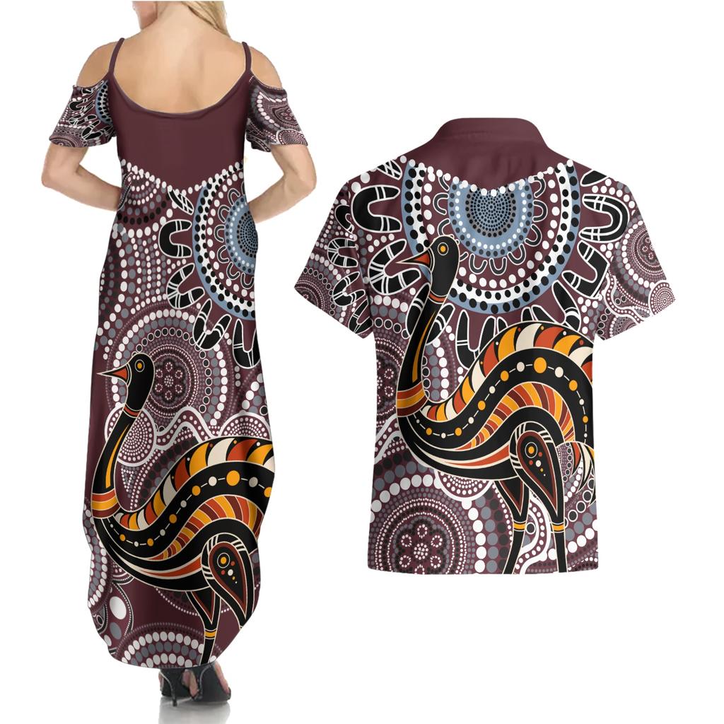 Aboriginal Pattern Bird Couples Matching Summer Maxi Dress and Hawaiian Shirt