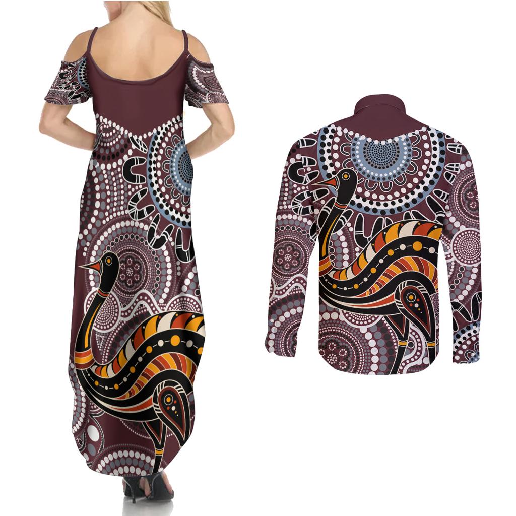 Aboriginal Pattern Bird Couples Matching Summer Maxi Dress and Long Sleeve Button Shirt