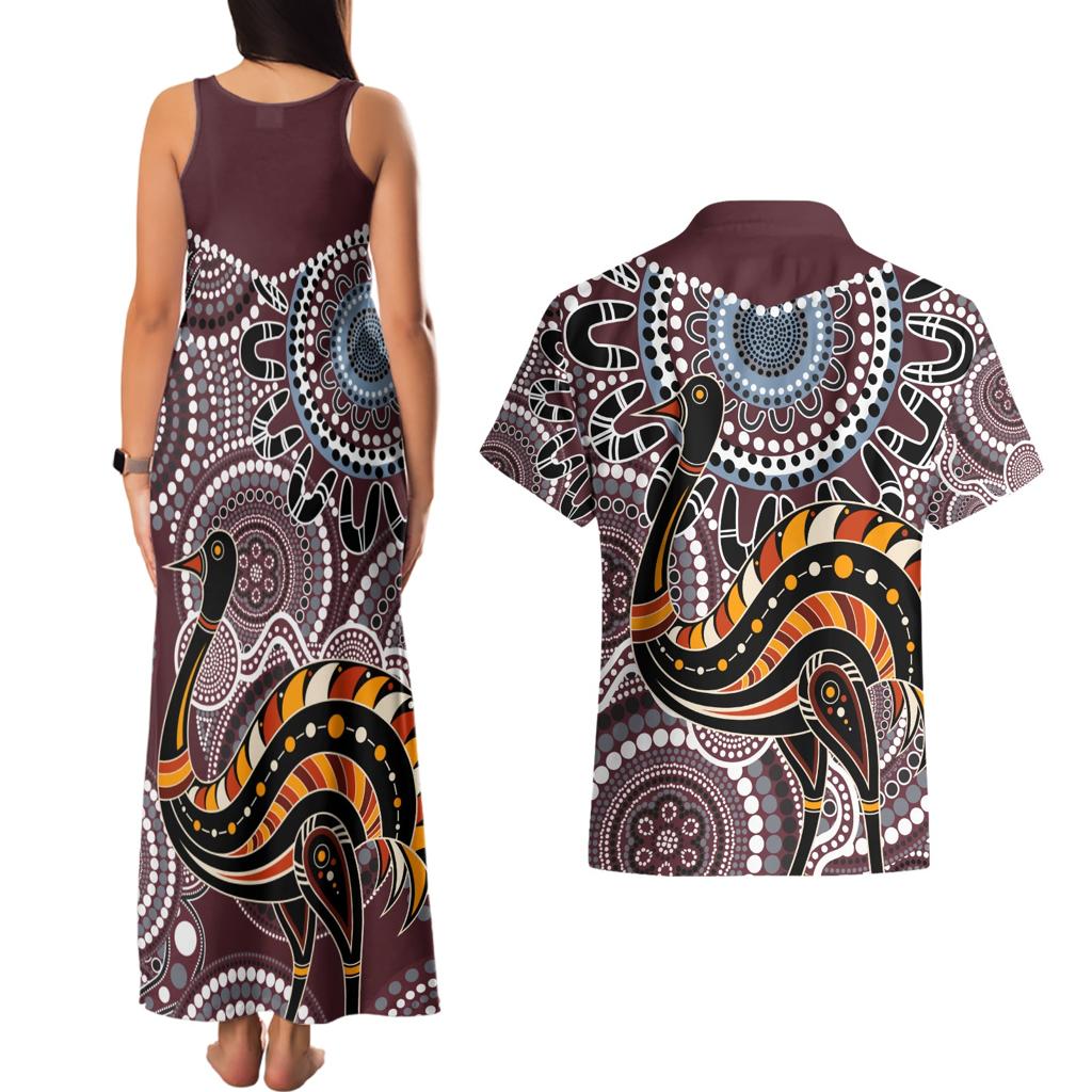 Aboriginal Pattern Bird Couples Matching Tank Maxi Dress and Hawaiian Shirt