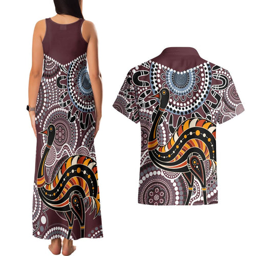 Aboriginal Pattern Bird Couples Matching Tank Maxi Dress and Hawaiian Shirt
