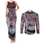 Aboriginal Pattern Bird Couples Matching Tank Maxi Dress and Long Sleeve Button Shirt