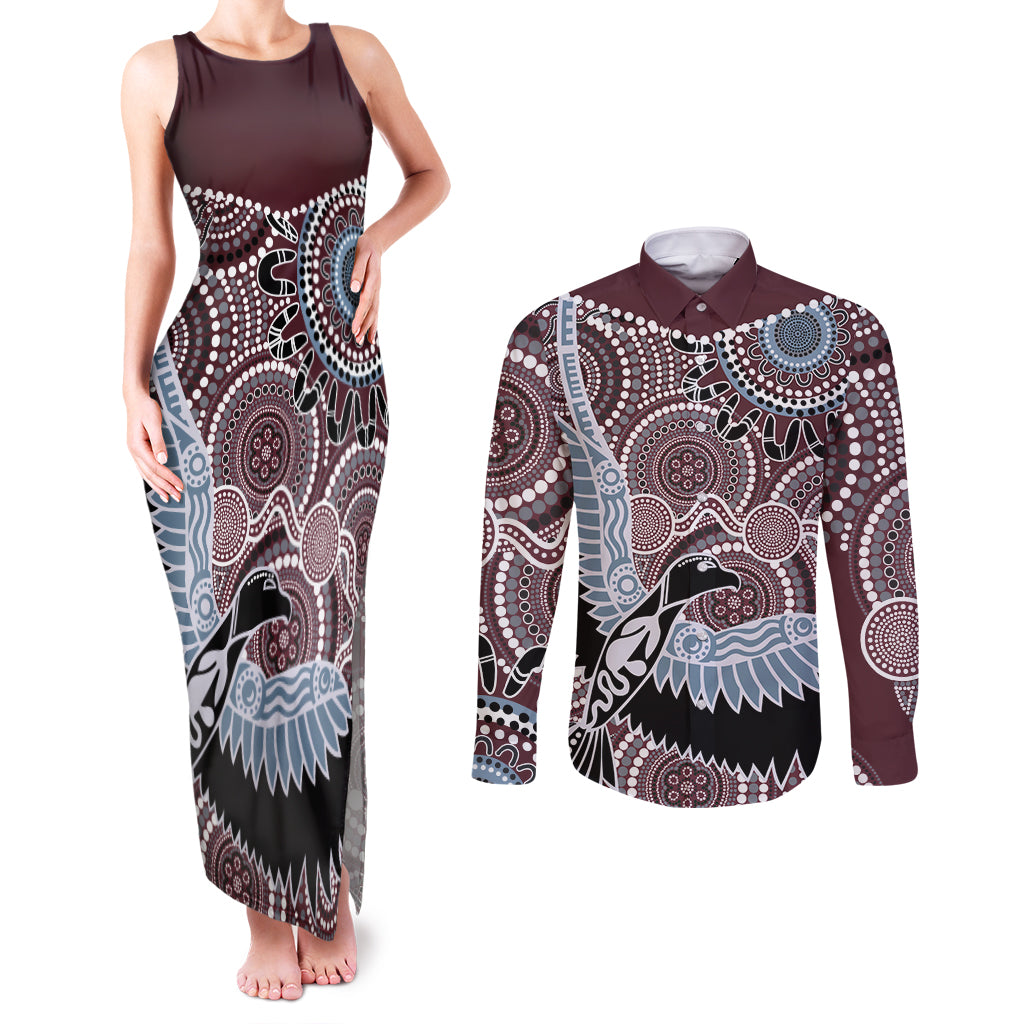 Aboriginal Pattern Bird Couples Matching Tank Maxi Dress and Long Sleeve Button Shirt