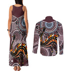 Aboriginal Pattern Bird Couples Matching Tank Maxi Dress and Long Sleeve Button Shirt