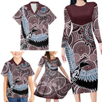 Aboriginal Pattern Bird Family Matching Long Sleeve Bodycon Dress and Hawaiian Shirt