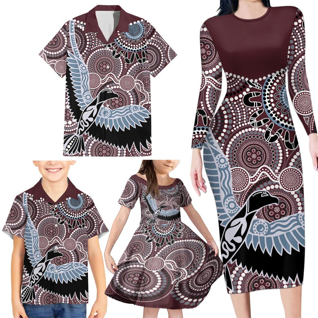 Aboriginal Pattern Bird Family Matching Long Sleeve Bodycon Dress and Hawaiian Shirt