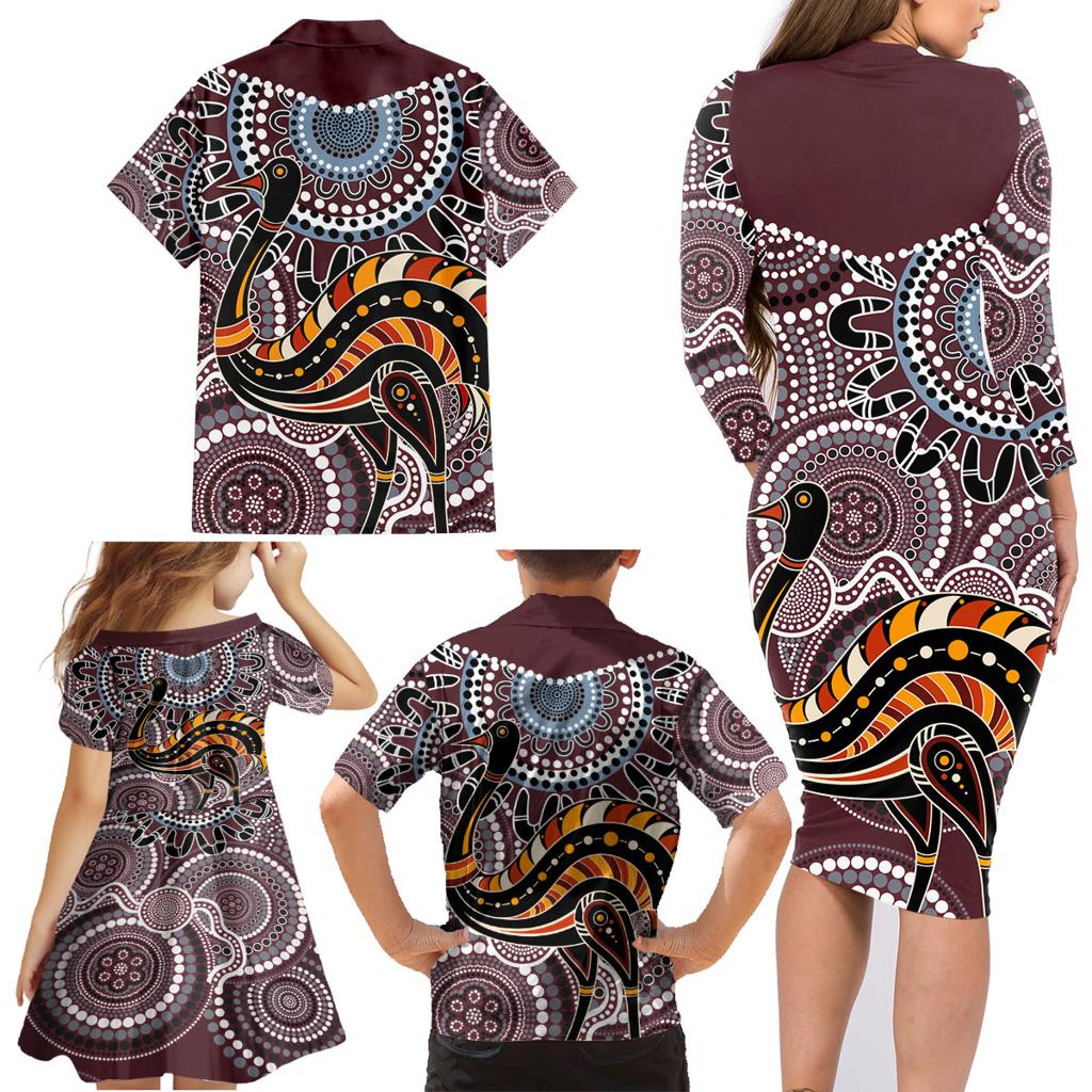 Aboriginal Pattern Bird Family Matching Long Sleeve Bodycon Dress and Hawaiian Shirt