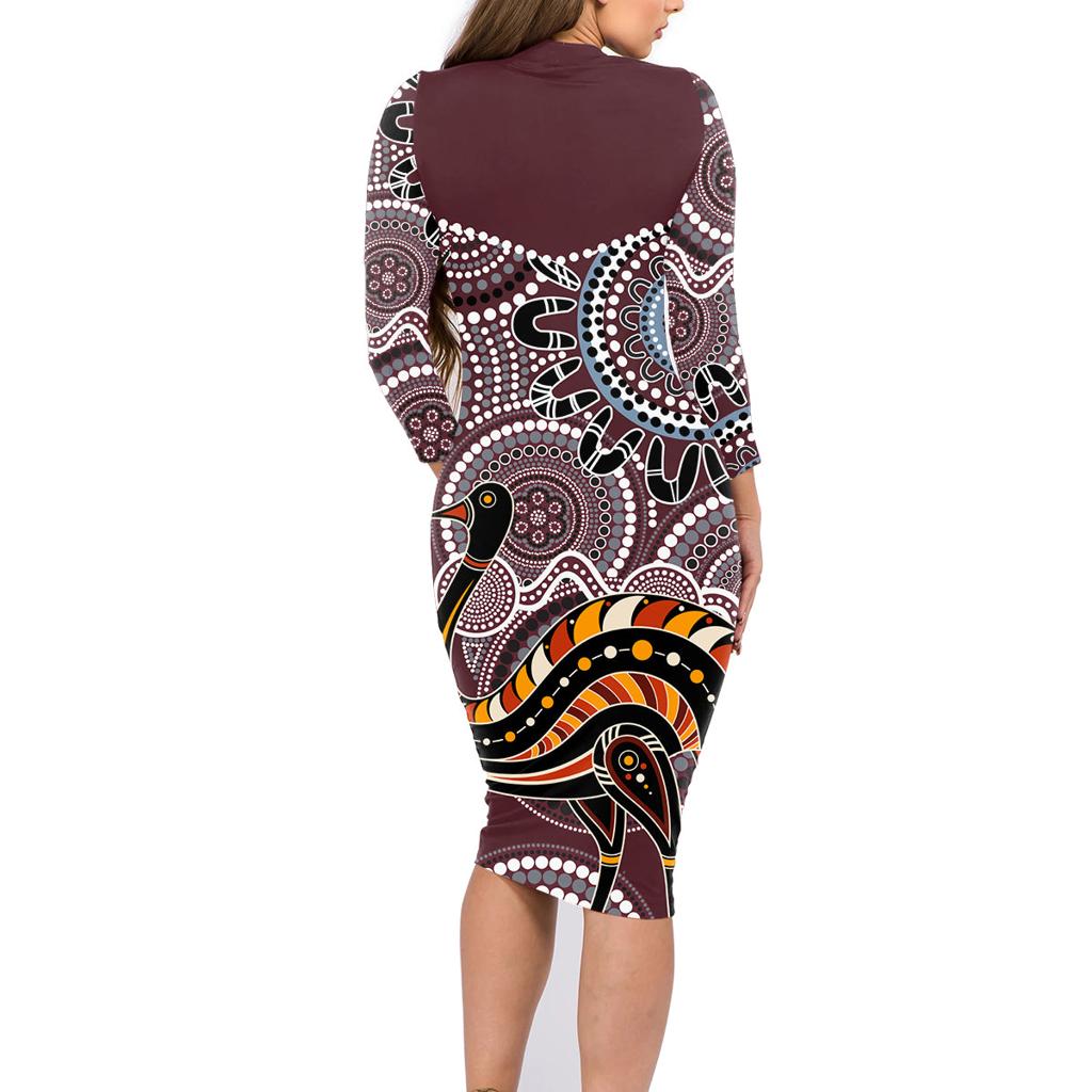 Aboriginal Pattern Bird Family Matching Long Sleeve Bodycon Dress and Hawaiian Shirt