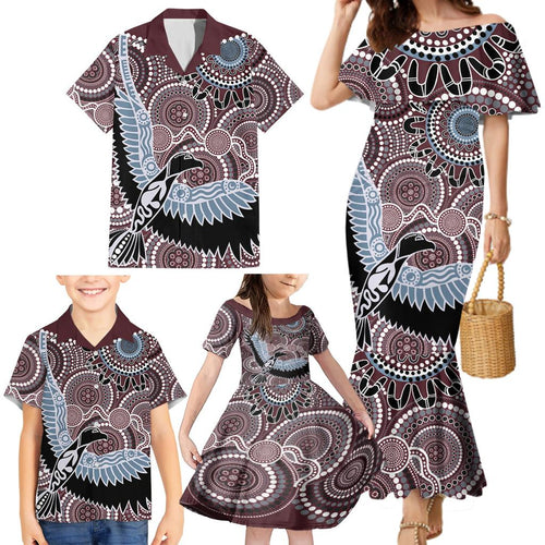Aboriginal Pattern Bird Family Matching Mermaid Dress and Hawaiian Shirt
