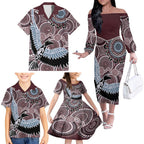 Aboriginal Pattern Bird Family Matching Off Shoulder Long Sleeve Dress and Hawaiian Shirt