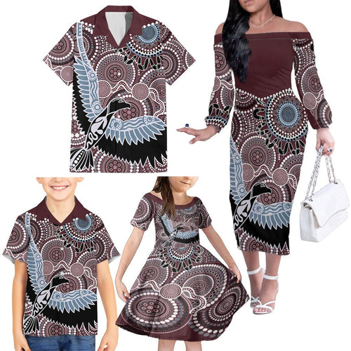 Aboriginal Pattern Bird Family Matching Off Shoulder Long Sleeve Dress and Hawaiian Shirt