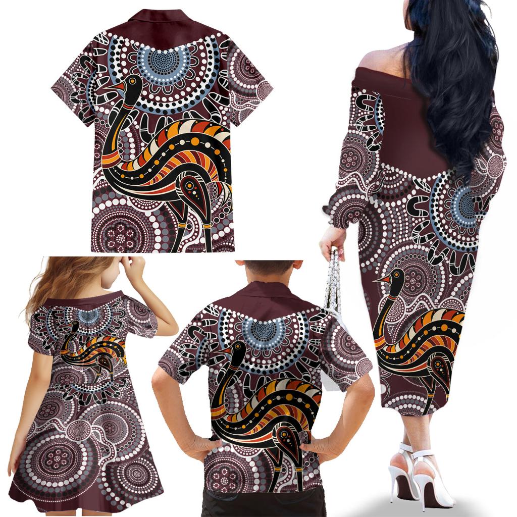 Aboriginal Pattern Bird Family Matching Off Shoulder Long Sleeve Dress and Hawaiian Shirt