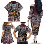 Aboriginal Pattern Bird Family Matching Off Shoulder Long Sleeve Dress and Hawaiian Shirt