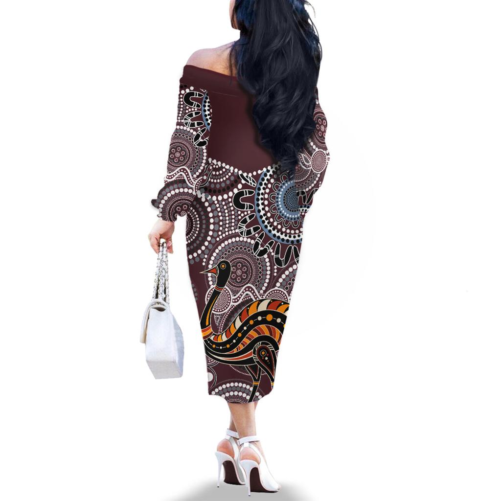 Aboriginal Pattern Bird Family Matching Off Shoulder Long Sleeve Dress and Hawaiian Shirt