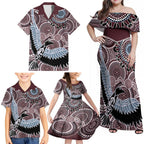 Aboriginal Pattern Bird Family Matching Off Shoulder Maxi Dress and Hawaiian Shirt