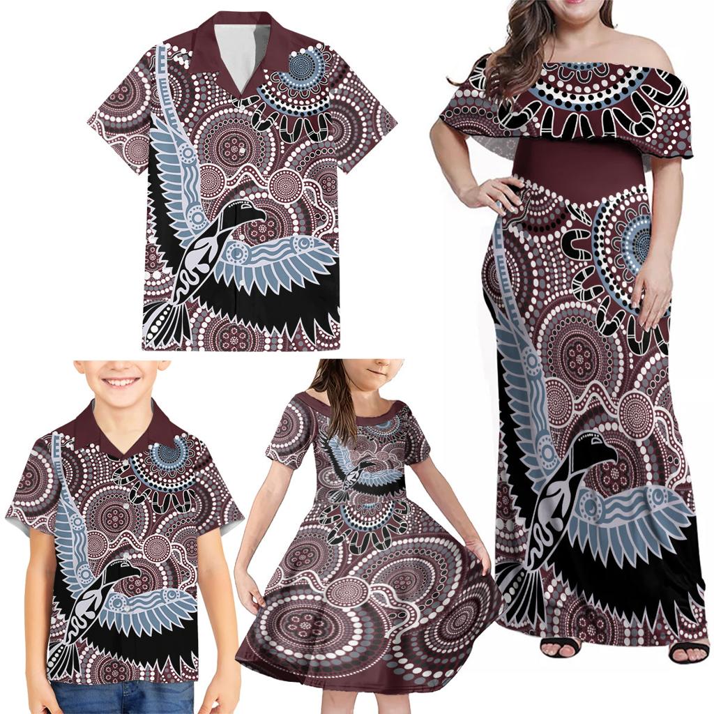 Aboriginal Pattern Bird Family Matching Off Shoulder Maxi Dress and Hawaiian Shirt