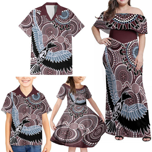 Aboriginal Pattern Bird Family Matching Off Shoulder Maxi Dress and Hawaiian Shirt
