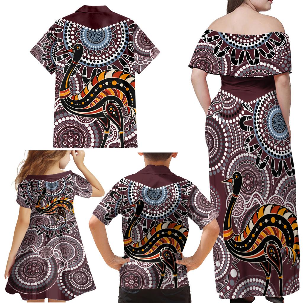 Aboriginal Pattern Bird Family Matching Off Shoulder Maxi Dress and Hawaiian Shirt