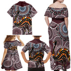 Aboriginal Pattern Bird Family Matching Off Shoulder Maxi Dress and Hawaiian Shirt