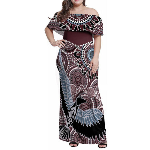 Aboriginal Pattern Bird Family Matching Off Shoulder Maxi Dress and Hawaiian Shirt
