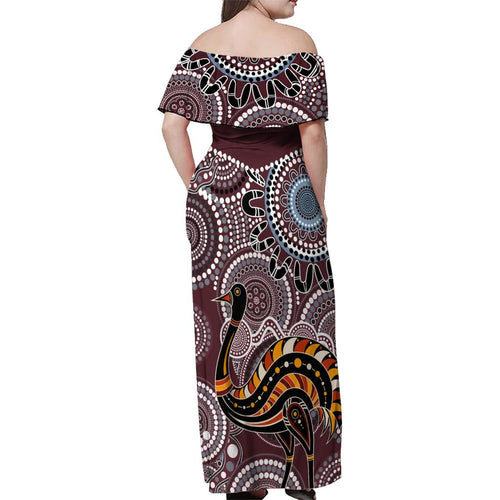 Aboriginal Pattern Bird Family Matching Off Shoulder Maxi Dress and Hawaiian Shirt