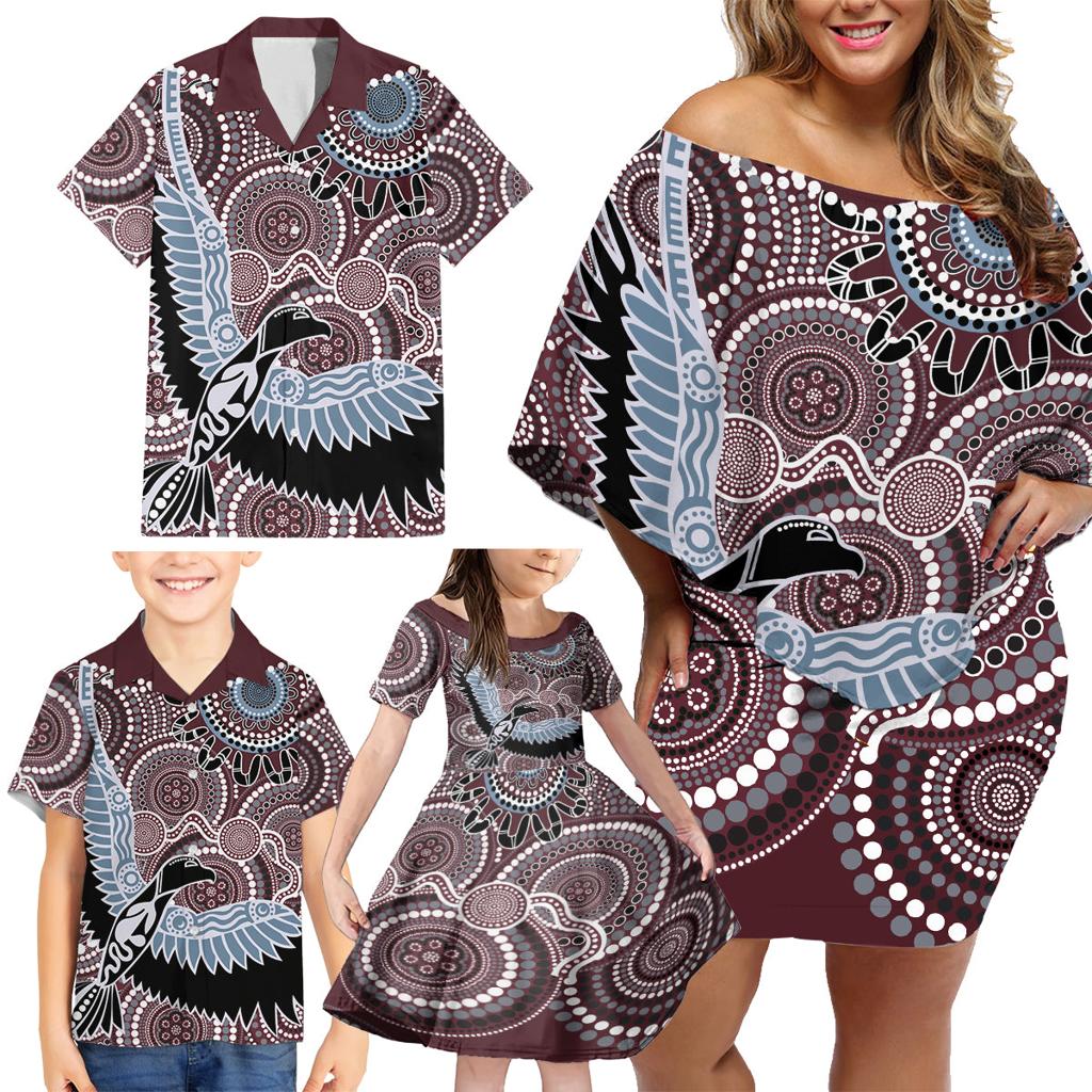 Aboriginal Pattern Bird Family Matching Off Shoulder Short Dress and Hawaiian Shirt