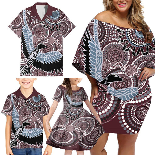 Aboriginal Pattern Bird Family Matching Off Shoulder Short Dress and Hawaiian Shirt