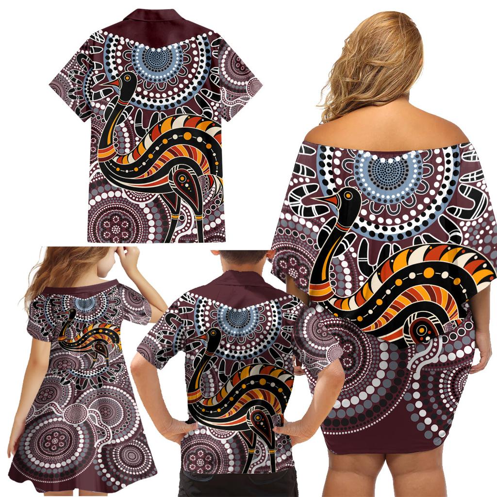Aboriginal Pattern Bird Family Matching Off Shoulder Short Dress and Hawaiian Shirt