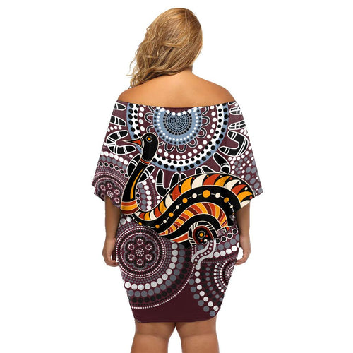 Aboriginal Pattern Bird Family Matching Off Shoulder Short Dress and Hawaiian Shirt