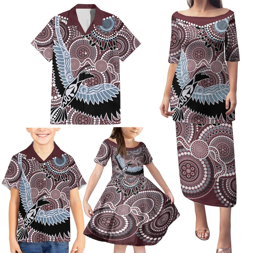 Aboriginal Pattern Bird Family Matching Puletasi and Hawaiian Shirt