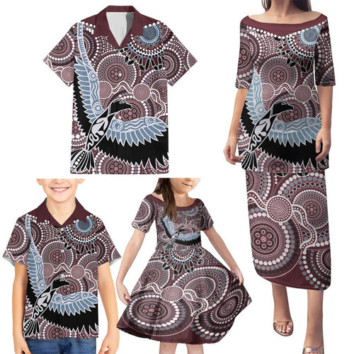 Aboriginal Pattern Bird Family Matching Puletasi and Hawaiian Shirt