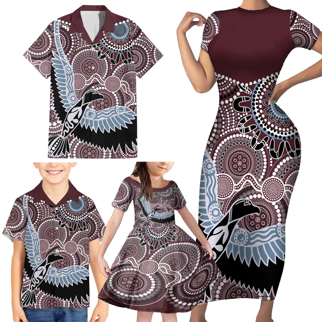Aboriginal Pattern Bird Family Matching Short Sleeve Bodycon Dress and Hawaiian Shirt
