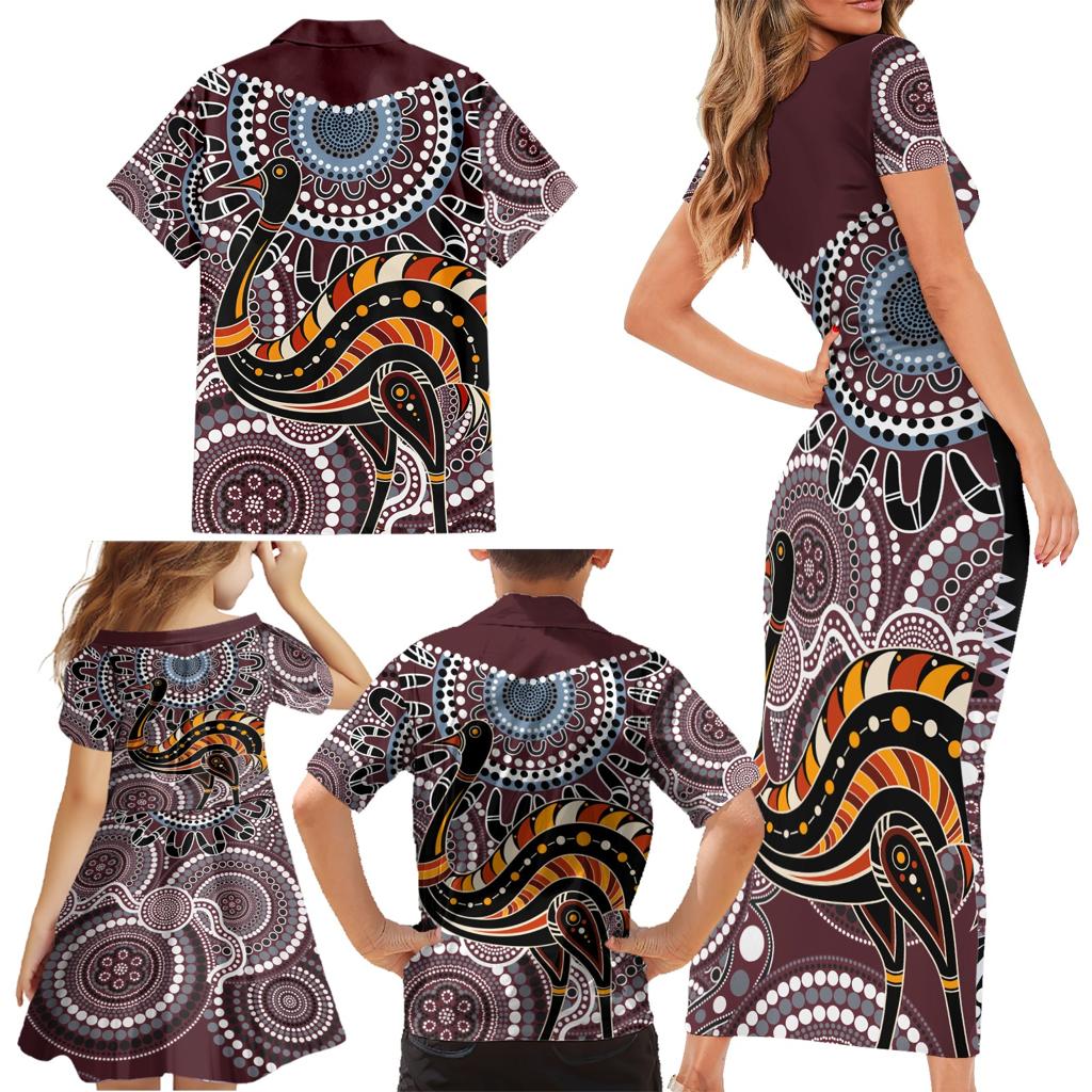 Aboriginal Pattern Bird Family Matching Short Sleeve Bodycon Dress and Hawaiian Shirt