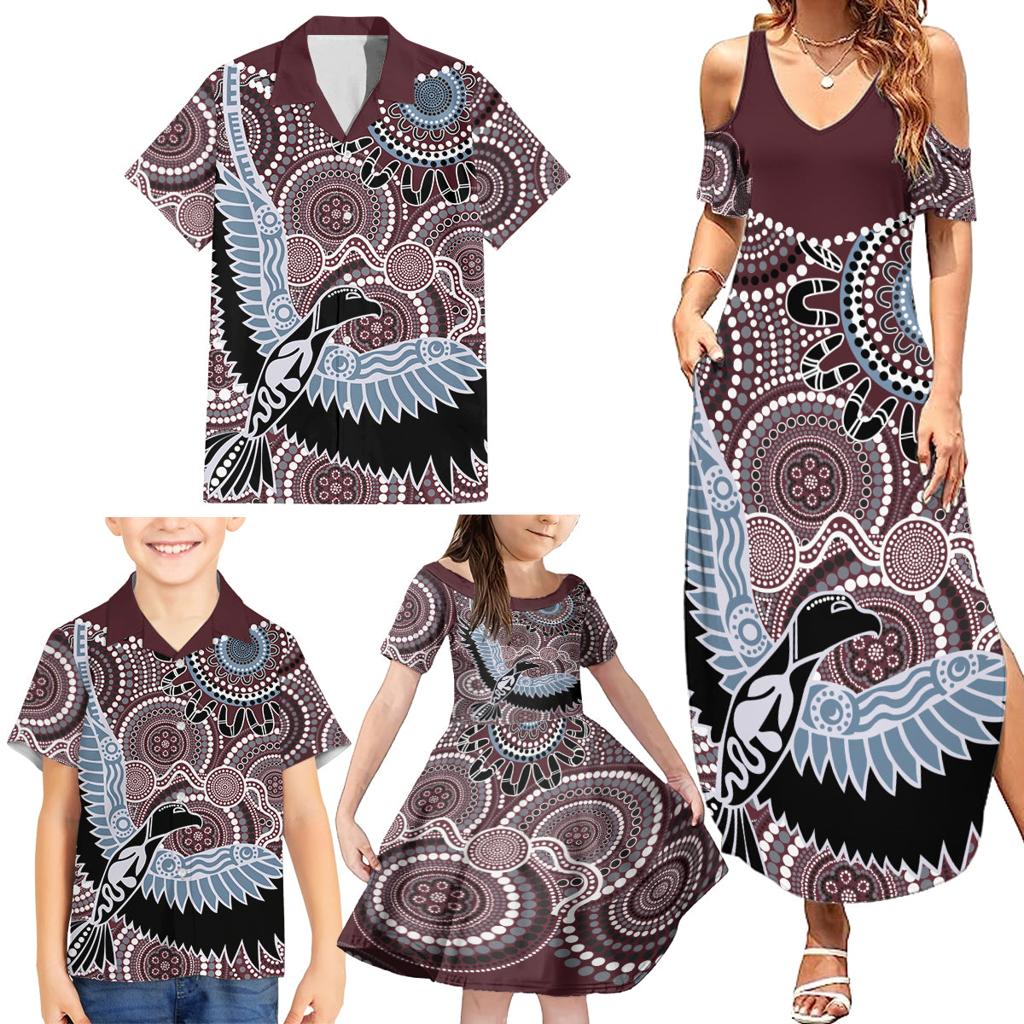 Aboriginal Pattern Bird Family Matching Summer Maxi Dress and Hawaiian Shirt