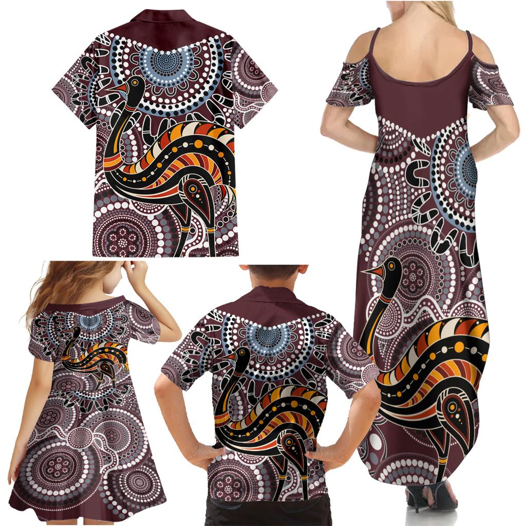 Aboriginal Pattern Bird Family Matching Summer Maxi Dress and Hawaiian Shirt