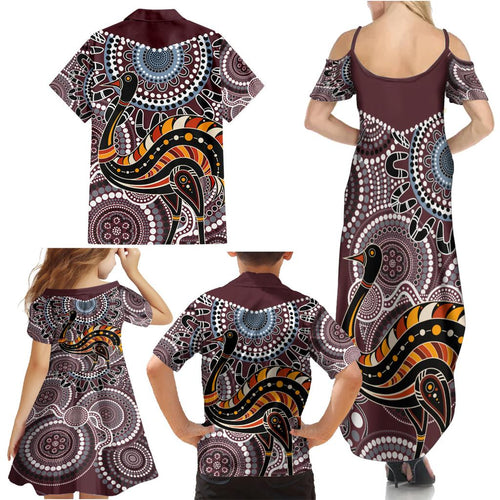 Aboriginal Pattern Bird Family Matching Summer Maxi Dress and Hawaiian Shirt