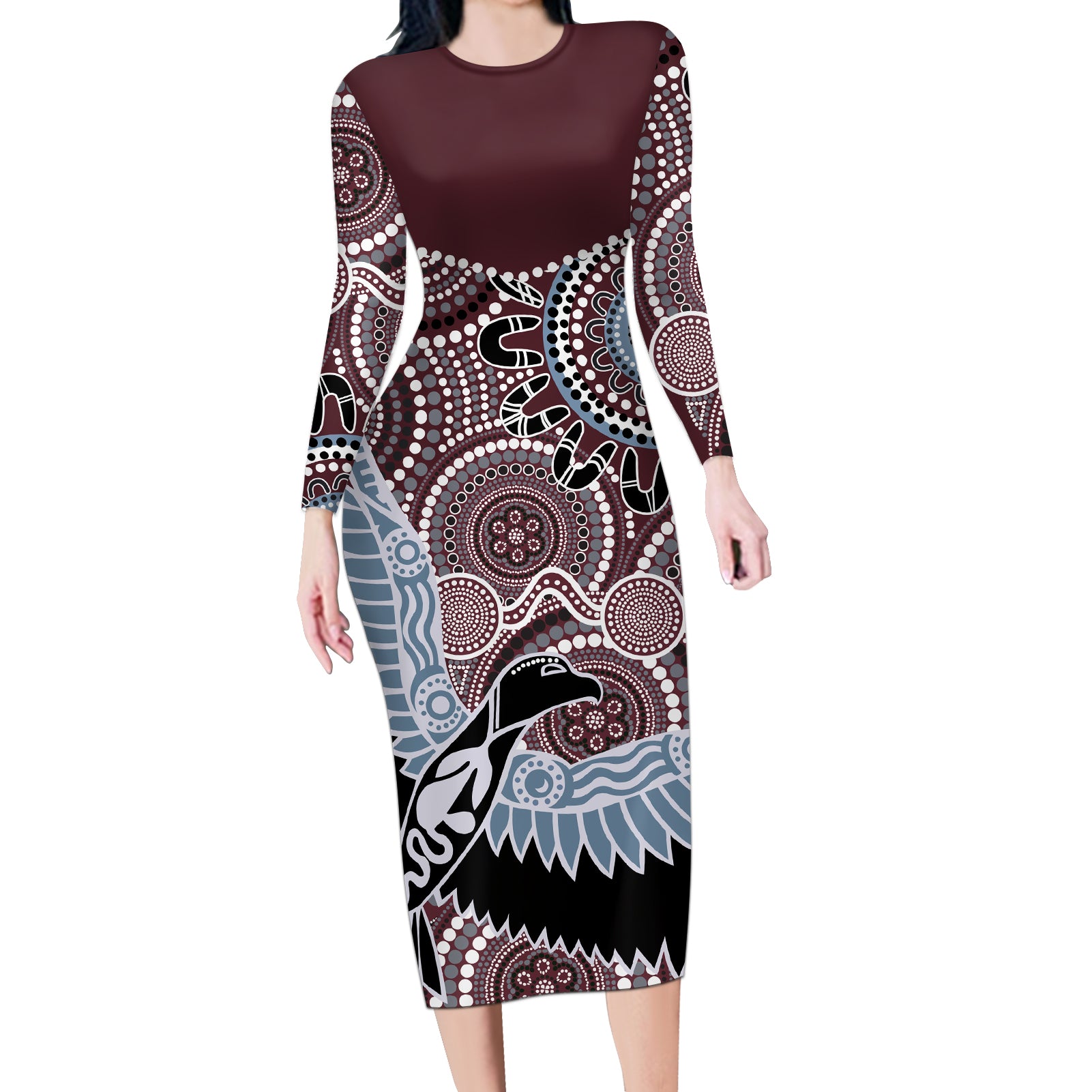 Aboriginal Pattern Bird Long Sleeve Bodycon Dress