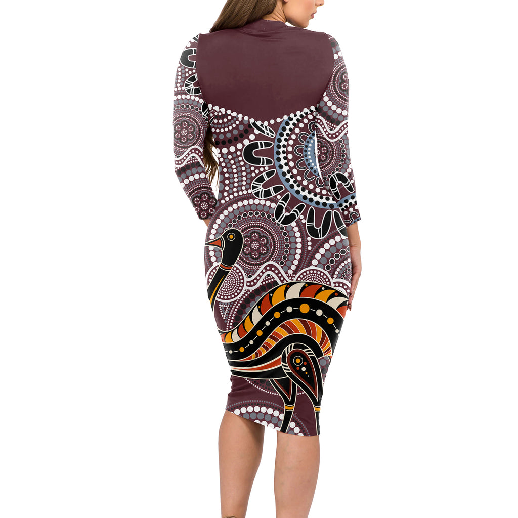 Aboriginal Pattern Bird Long Sleeve Bodycon Dress